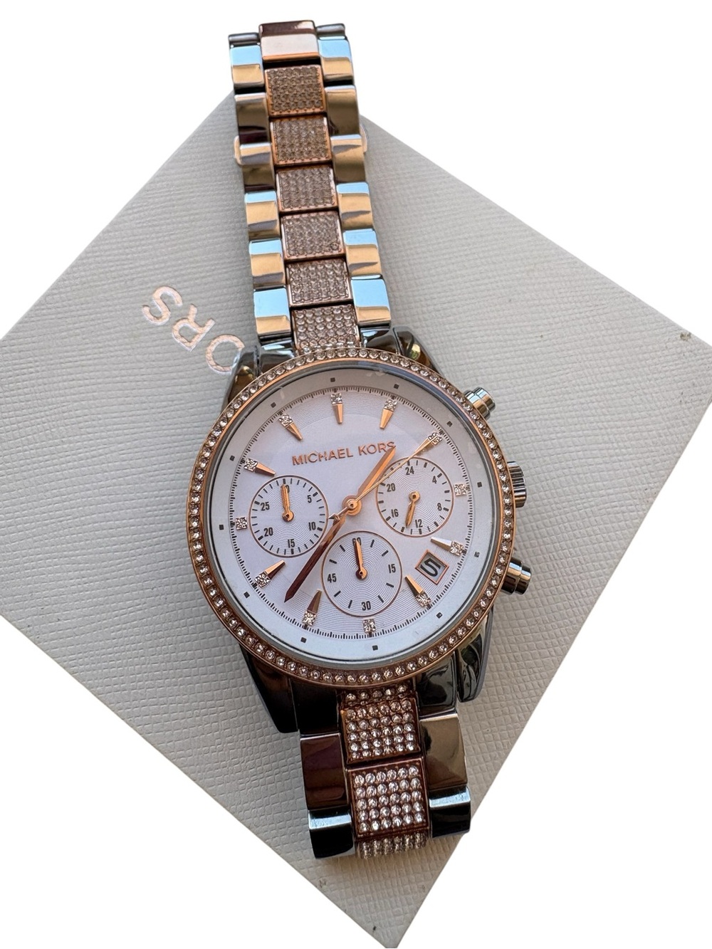 MICHAEL KORS Two-Tone Gold and Silver Crystal Chronograph Watch - Picture 2 of 10